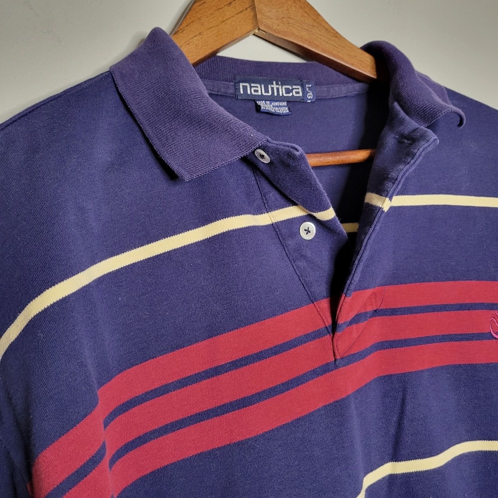 VINTAGE 90s NAUTICA‎ Polo Shirt Mens Large Rugby Heavyweight Striped Red Blue - Picture 5 of 14
